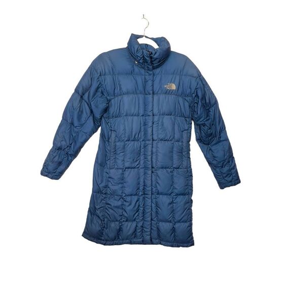 The North Face Down Puffer Jacket Women Blue Long Quilted Parka Small FLAWED - Picture 1 of 16